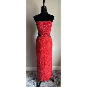 SCALA Women's Y2K Burnt Orange Beaded Silk Cut Out Strapless Evening Gown SZ M